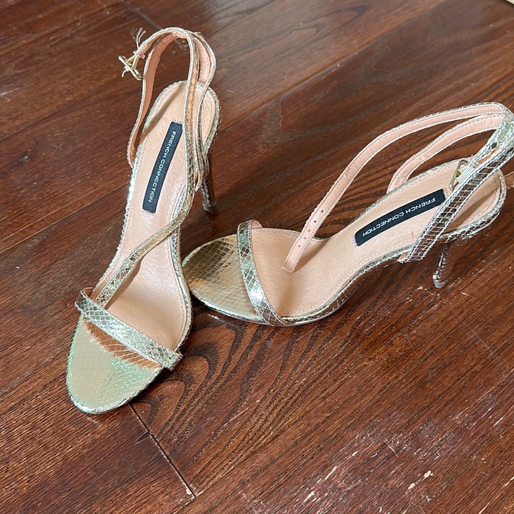 French Connection gold faux snake skin heels